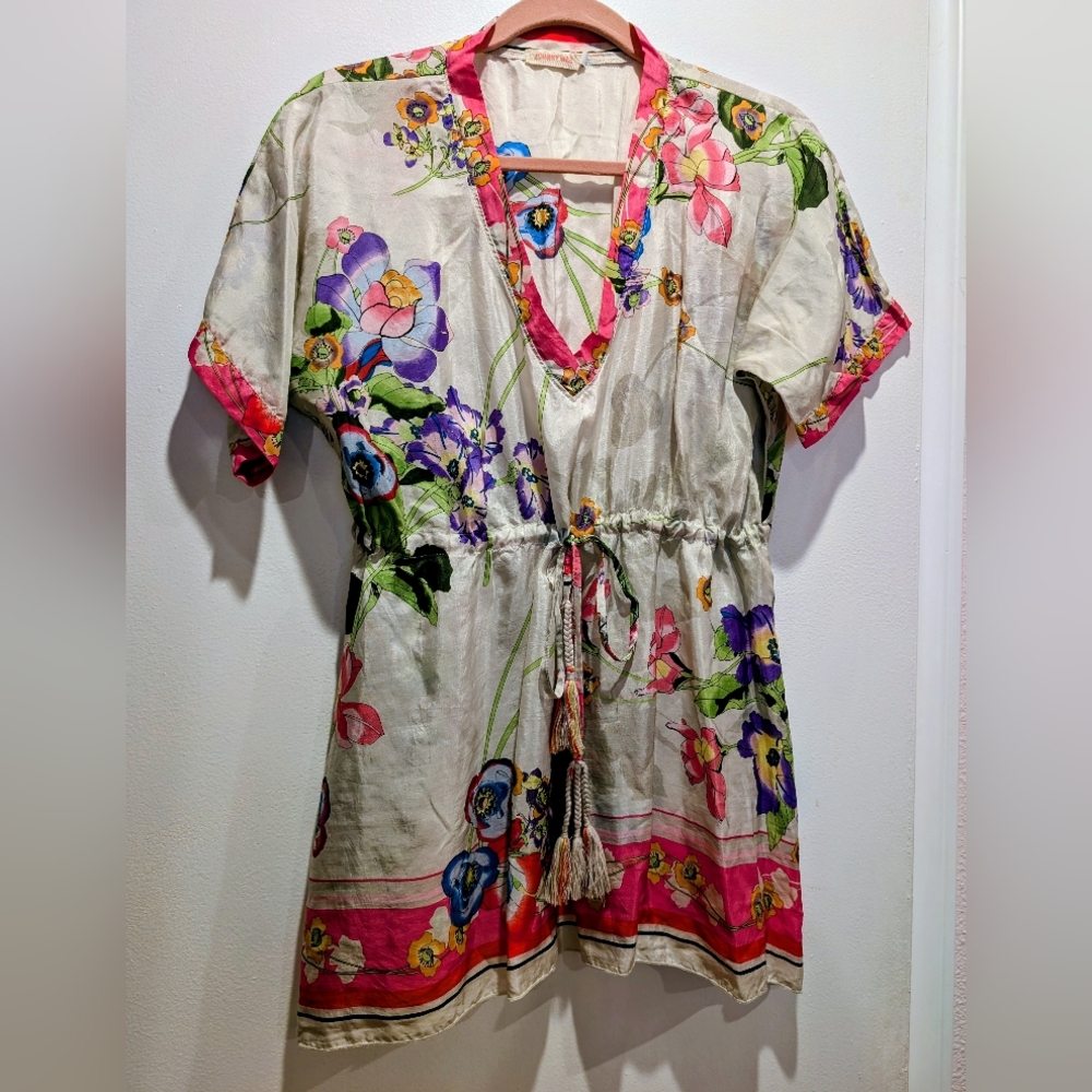 Johnny Was Silk Floral V-Neck Tunic with Tassel Tie